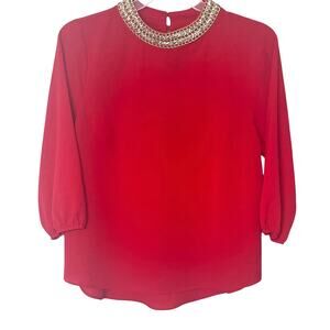 MOA MOA LONG SLEEVE PULL-OVER DRESSY BLOUSE, WOMENS, XL, RED, GOLD/SILVER DECOR